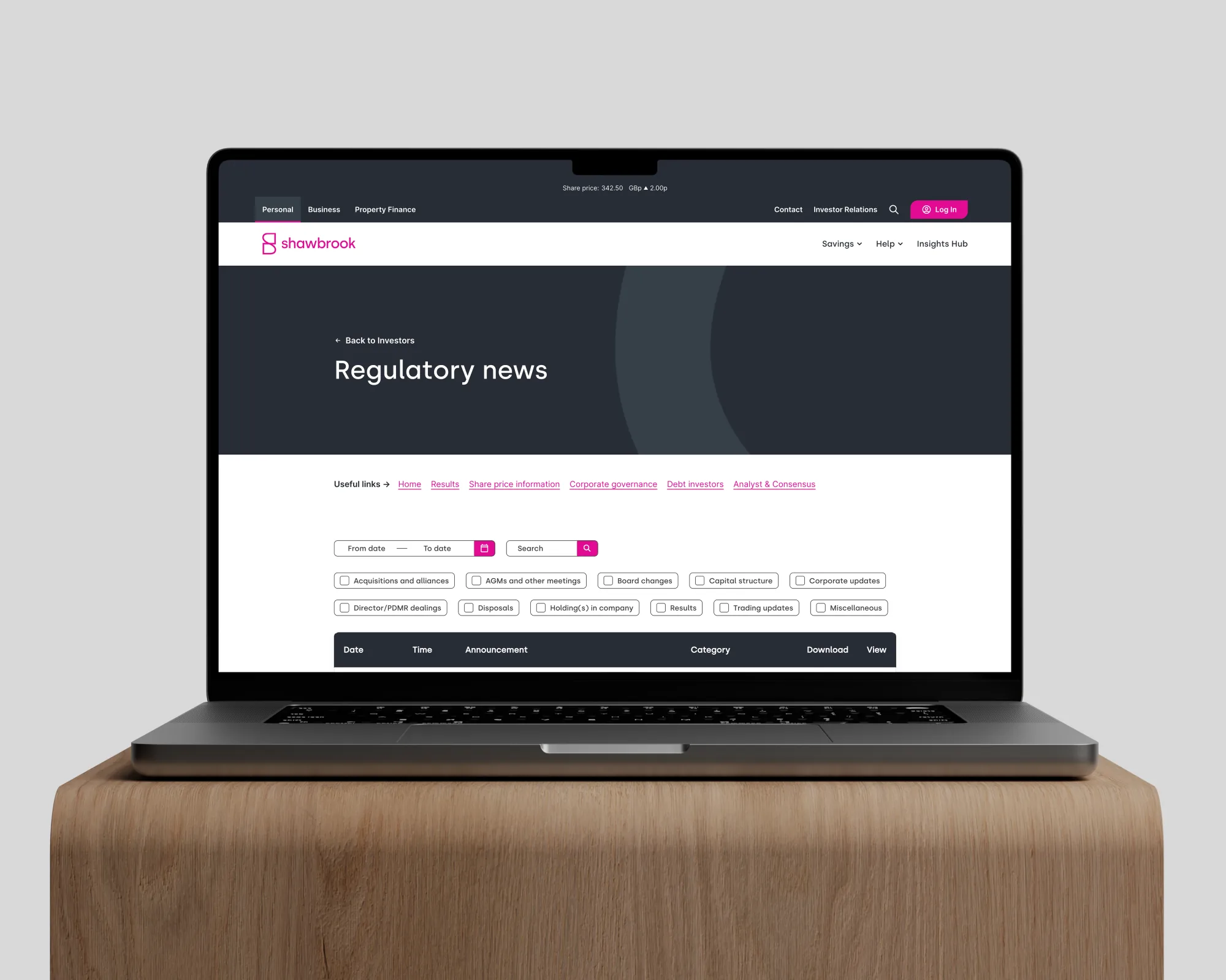 Regulatory news platform mockup
